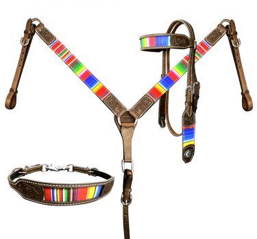 Showman Rainbow Serape Print Browband Headstall and Breast collar Set with wither strap